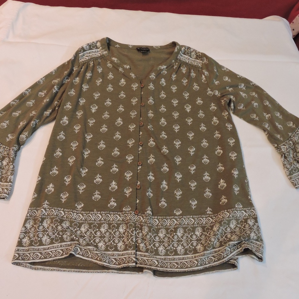 Woman's Large Dusty Green Boho Blouse Long Sleeve Loose Fit Light Weight